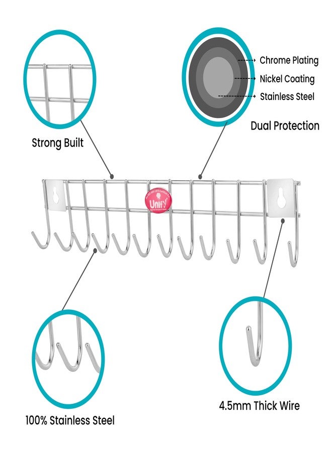 Unify Stainless Steel Cloth Hanger for Wall 12 Hooks, Door Mounted Hook Rail, Wall Hook, Towel Hooks, Bathroom Hanger, Kitchen Tools Hanging, Small (14.5 Inch), Silver - Image 4